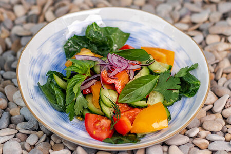 Салат из двух видов помидор, огурцов, перца и крымского лука