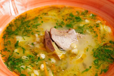 Рассольник с печенью кролика