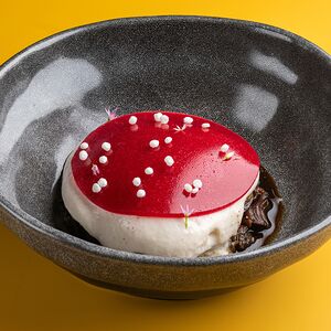 Говядина татаки, печеный перец, мусс из копченого сыра, желе из клюквы