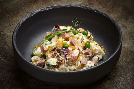 Оливье с языком и соусом айоли