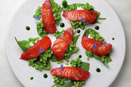 Слабосоленая в бруснике форель с огуречным тар таром и молодым щавелем