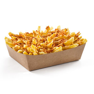 Картофель фри с сырным соусом и луком