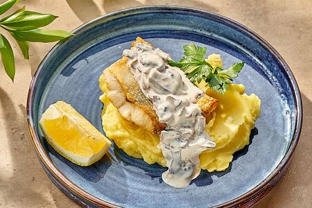 Филе судака с картофельным пюре под грибным соусом