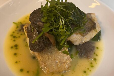 Судак со шпинатом и сморчками 