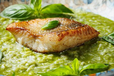 Зеленое ризотто с волжским судаком 