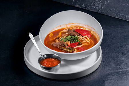 Суп лагман с домашней лапшой и аджикой