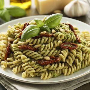 Фузилли с соусом песто и вялеными томатами