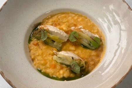 Ризотто с тыквой, лук-пореем и веган моцареллой 