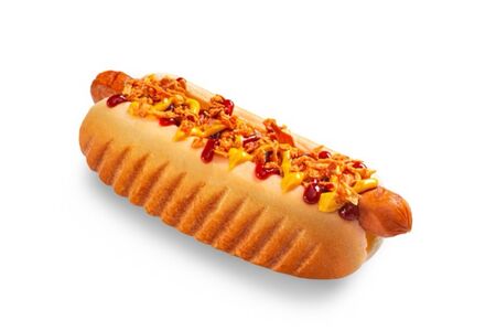 Датский хот-дог с луком фри и огурчиком