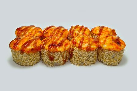 Запечённый ролл с крабом и сыром в соусе унаги