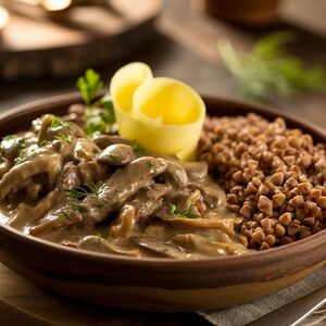 Печень по-строгановски с гречневой кашей