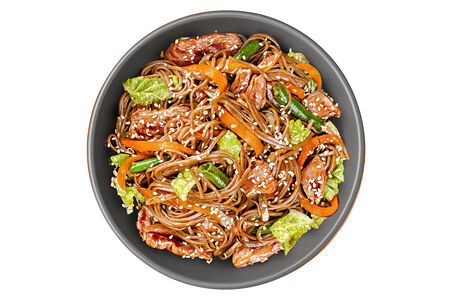 Свинина в терияки-соусе с гречневой лапшой