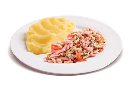 Картофельное пюре с ветчиной, сыром, помидорами