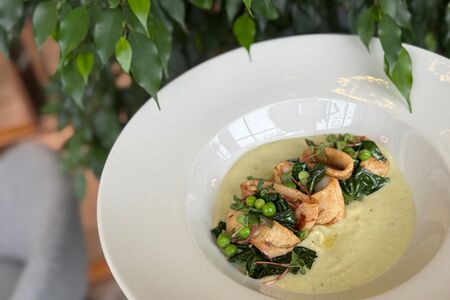 Кальмар командорский с пюре из цветной капусты 