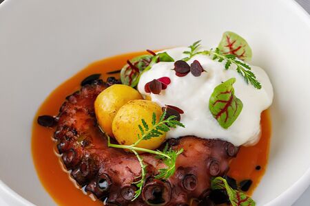 Марокканский осьминог с картофелем, соусом биск и муссом из пармезана