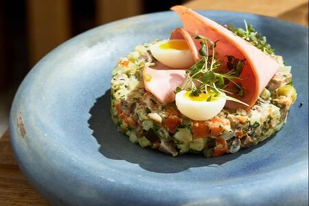 Оливье с языком и мортаделлой