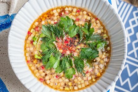 Окрошка с форелью на квасе