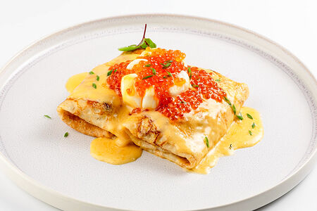 Блинчики с уткой и яйцом пашот