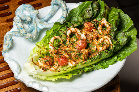 Романо гриль, щупальца кальмара, соус ореховый вафу