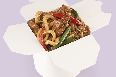 Лапша удон с курицей в сливочно-копчёном соусе