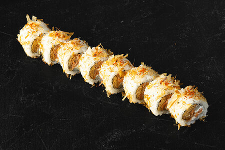 Ролл с запеченным лососем, тунцом Бонито и специями шичими