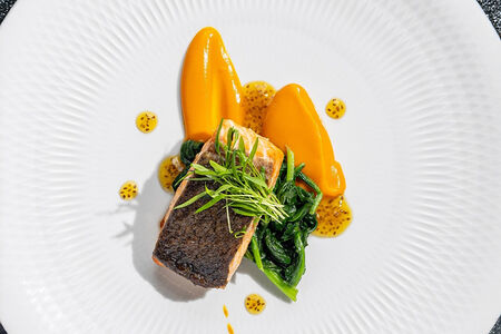 Лосось с пюре из батата и цитрусовым соусом с чиа