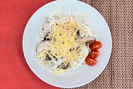 Паста с куриным филе и грибами