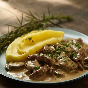 Бефстроганов из говядины с грибами и картофельным кремом