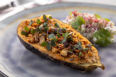 Баклажан, запеченный в мисо соусе с огурцом в трюфельной сметане