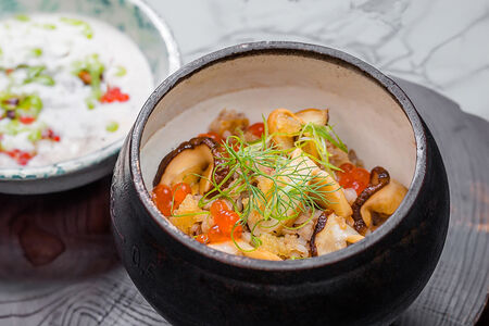 Гречневая каша с грибами и красной икрой