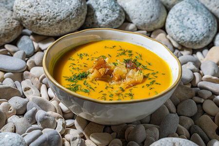 Крем-суп из пяти кореньев и тыквы с копченым окунем