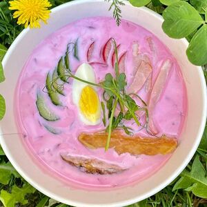 Холодник с ветчиной, редисом и печеным картофелем 