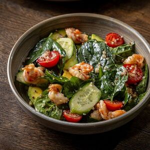 Салат с креветками, киноа и авокадо