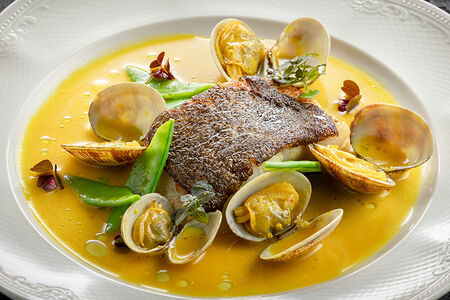 Филе черного палтуса с вонголе и шафрановым соусом