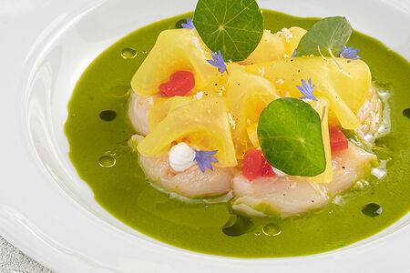 Дальневосточный гребешок с соусом из зеленых томатов