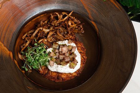 Картофельный драник с копченым сомом и хрустящими вешенками