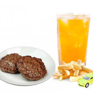 2 котлеты + фри + напиток на выбор + маленькая игрушка. Изображение товара создано нейросетью и может отличаться от настоящего продукта