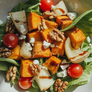 Салат с печеной тыквой, корневым сельдереем и грецким орехом
