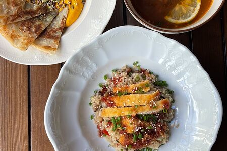 Морковный хумус + солянка + рис с овощами 