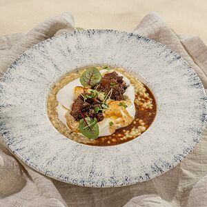 Птитим с белыми грибами и говяжьими щечками