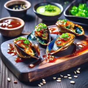 Запеченные мидии с спайси соусе