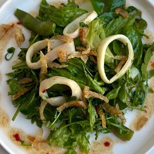 Кальмар, зелень, фасоль стручковая, лук фри