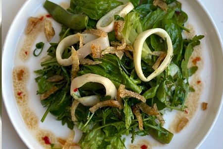 Кальмар, зелень, фасоль стручковая, лук фри