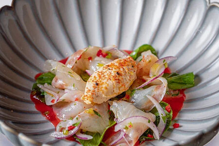 Севиче из сибаса с соусом из томатов и юзу