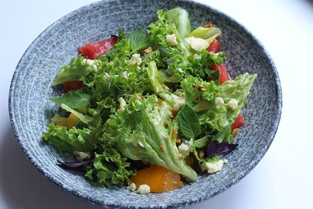 Салат с арбузом, томатами и чеченской брынзой, заправкой из абхазской аджики