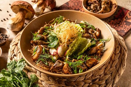 Теплый салат с белыми грибами и вешенками