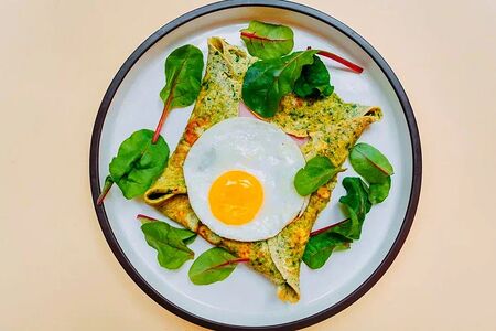 Яйцо с итальянской ветчиной на шпинатном блинчике