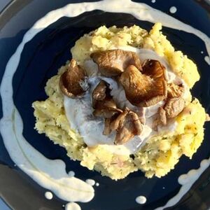 Говяжий язык в сметане с вешенками и толченым картофелем