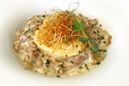 Бефстроганов из лисичек и белых грибов