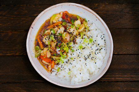 Креветки Сладкий чили с рисом